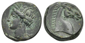 THE CARTHAGINIANS IN SICILY AND SARDINIA. Bronze, circa 300-264 BC. (Bronze, 19.70 mm, 5.35 g). Sardinian mint. Head of Tanit to left, wearing wreath ...