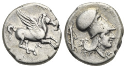 AKARNANIA. Alyzeia. Circa 330-280 BC. Stater (Silver, 19 mm, 8.25 g). Pegasus flying right, below A. Rev. Helmeted head of Athena right, A Λ Y (Z Λ I ...