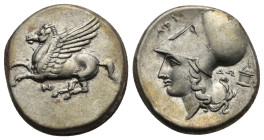 AKARNANIA. Anaktorion. Circa 350-330 BC. Stater (Silver, 21 mm, 8.63 g). Pegasos flying left; below, ΑΝ. Rev. ΑΡΙ Head of Athena to left, wearing Cori...