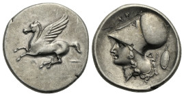 AKARNANIA. Argos Amphilochicum. Circa 350-270 BC. Stater (Silver, 24.95 mm, 8.41 g). Pegasus flying to left, below, A. Rev. Head of Athena left, weari...