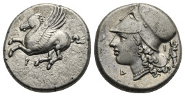 CORINTHIA. Corinth. Circa 345-307 BC. Stater (Silver, 21.00 mm, 8.58 g). Pegasus flying to left, below, koppa. Rev. Head of Athena left, wearing Corin...