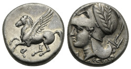 CORINTHIA. Corinth. Circa 345-307 BC. Stater (Silver, 19.70 mm, 8.55 g). Pegasus flying to left, below, koppa. Rev. Head of Athena left, wearing laure...
