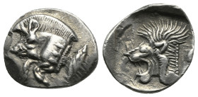 MYSIA. Kyzikos. Circa 525-475 BC. Obol (Silver, 11.50 mm, 0.84 g). Forepart of boar left; tunny to right. Rev: Head of roaring lion left. Von Fritze I...