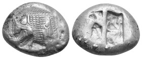 CARIA. Mylasa? Circa BC 520-450. Stater (Silver, 20.35 mm, 11.05 g). Circa 520-490 BC. Forepart of roaring lion to left, symbol on shoulder, dotted tr...