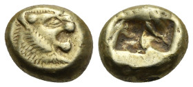 KINGS OF LYDIA. Alyattes or Walwet. Circa 610-546 BC. Third-stater or trite (Electrum, 12.48 mm, 4.68 g). Sardes mint. Head of lion right, mouth open,...