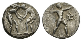 PAMPHYLIA. Aspendos. Circa 380/75-330/25 BC. Stater (Silver, 20.51 mm, 10.72 gr). Two nude wrestlers grappling each other by the wrists, Δ Α below, be...