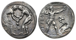 PAMPHYLIA. Aspendos. Circa 380/75-330/25 BC. Stater (Silver, 21.85 mm, 10.94 g). Two nude wrestlers grappling each other by the wrists, Σ Κ below, bet...