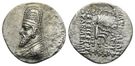 KINGS OF PARTHIA. Mithradates II, circa 121-91 BC. Drachm (Silver, 20.80 mm, 3.81 g). Court mint at Rhagai ?. Bust to left with long beard, wearing ti...