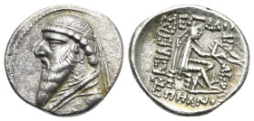 KINGS OF PARTHIA. Mithradates II, circa 121-91 BC. Drachm (Silver, 20.00 mm, 3.89 g). Ekbatana, circa 120-109 BC. Diademed bust to left, with long bea...