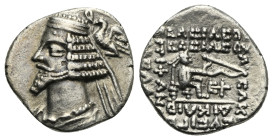 KINGS OF PARTHIA. Phraates IV, circa 38/7-2 BC. Drachm (Silver, 18.70 mm, 3.34 g). Court mint at Rhagai. Diademed bust to left; behind, eagle to left,...