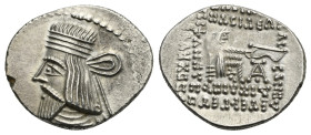 KINGS OF PARTHIA. Artabanos III, circa AD 10-38. Drachm (Silver, 21.00 mm, 3.78 g). Ekbatana. Diademed bust to left, with long pointed beard, long hai...