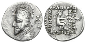 KINGS OF PARTHIA. Orodes I. Drachm, (Silver, 18,6 mm, 4.14 g). Rhagae. Diademed and draped bust left, wearing tiara with ear flap, long beard, and tor...