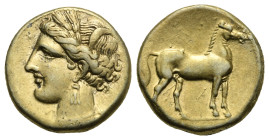 ZEUGITANIA. Carthage. Circa 290-270 BC. Stater (Electrum, 18.2 mm, 7.46 g). Head of Tanit to left, wearing wreath of grain ears, triple-pendant earrin...