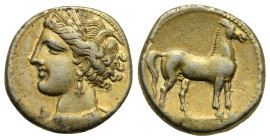 ZEUGITANIA. Carthage. Circa 290-270 BC. Stater (Electrum, 19 mm, 7.43 g). Head of Tanit to left, wearing wreath of grain ears, triple-pendant earring ...