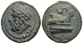 Latium. Semis (Bronze, 53 mm, 140.12 g). Roma, circa 225-217 BC. Laureate head of Saturn left, below, S horizontally; all on raised disk. Rev. Prow of...
