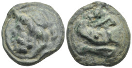 Anonymous. Circa 215-212 BC. Semis (Bronze, 32 mm, 36.11 g). Roma. Laureate head of Saturn left; S (mark of value) to right; all on a raised disk. Rev...