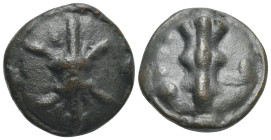 Apulia, Luceria. Circa 217-212 BC. Quatrunx (Bronze, 29 mm, 26.11 g). Thunderbolt on a raised disk. Rev. Club; •••• (mark of value) above, L below; al...