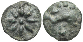 Apulia, Luceria. Circa 217-212 BC. Teruncius (Bronze, 29 mm, 22.13 g). Star of eight rays on a raised disk. Rev. Dolphin right; ••• (mark of value) ab...