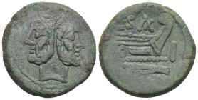 C. Cluvius Saxula, circa 169-158 BC. As (Bronze, 32.00 mm, 23.66 g). Roma. Laureate head of bearded Janus; above, [I] (mark of value). Rev. Prow of ga...