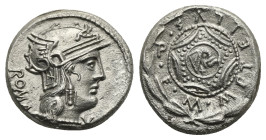 M. Caecilius Q. f. Q. n. Metellus, 127 BC. Denarius (Silver, 17 mm, 3.73 g). Roma. Helmeted head of Roma right; behind, ROMA upwards; before, X. Rev. ...