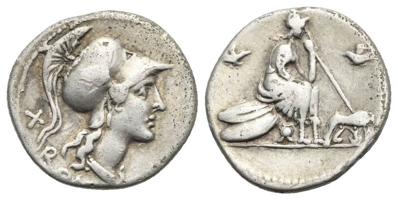 Anonymous, 115-114 BC. Denarius (Silver, 19 mm, 3.77 g) Roma. Helmeted head of R...