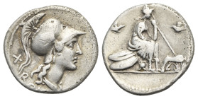 Anonymous, 115-114 BC. Denarius (Silver, 19 mm, 3.77 g) Roma. Helmeted head of Roma right; behind, X; below, ROMA. Rev. Roma seated right on pile of s...