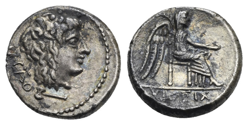 M. Porcio Cato, 89 BC. Quinarius (Silver, 13 mm, 2.09 g). Roma. Head of Liber ri...