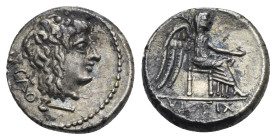 M. Porcio Cato, 89 BC. Quinarius (Silver, 13 mm, 2.09 g). Roma. Head of Liber right; behind, M CATO; below, control-mark. Rev. Victory seated right, h...