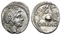 Cn. Cornelius Lentulus Marcellinus, 76-75 BC. Denarius (Silver, 18 mm, 3.89 g). Uncertain Spanish mint. Draped bust of Genius Populi Romani right, wit...