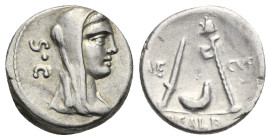 P. Sulpicius Galba, 69 BC. Denarius (Silver, 16 mm, 3.92 g). Roma. Veiled head of Vesta right; behind, S C. Rev. Knife, culullus and axe; on left, AE;...