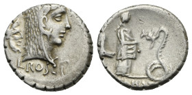 L. Roscius Fabatus, 64 BC. Denarius serratus (Silver, 18.70 mm, 3.90 g) Roma. Head of Juno Sospita right, wearing goat-skin; below, L ROSCI. Rev. Fema...