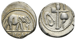 Iulius Caesar, 49-48 BC. Denarius (Silver, 18 mm, 3.97 g). Military mint moving with Caesar. Culullus, aspergillum, axe and apex. Rev. Elephant right ...