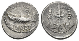 Mark Antony. Autumn 32-spring 31 BC. Denarius (Silver, 17.60 mm, 3.50 g). Patrae(?) mint. ANT AVG III VIR R P C Praetorian galley right. Rev. Aquila b...