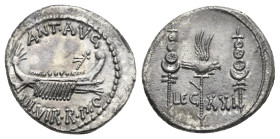 Mark Antony. Autumn 32-spring 31 BC. Denarius (Silver 19 mm, 3.74 g). Patrae(?) mint. Praetorian galley right. Rev. Aquila between two signa; LEG XXI ...