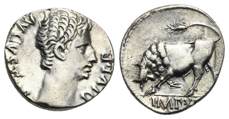 Augustus, 27 BC-14 AD. Denarius (Silver, 17.80 mm, 3.55 g). Lugdunum, 11 AD. Bar...