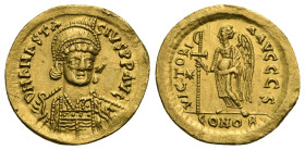 Anastasius I, 491-518. Solidus (Gold, 21.00 mm, 4.43 g). Constantinopolis, 498-518. D N ANASTASIVS P P AVG Helmeted, diademed and cuirassed bust of An...