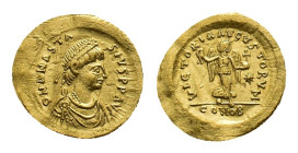 Anastasius I, 491-518. Tremissis (Gold, 15.86 mm, 1.48 g). Constantinopolis, 492-518. DN ANASTA SIVS P P AVG Draped bust of Anastasius right, wearing ...