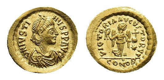 Justin I, 518-527. Tremissis (Gold, 15.14 mm, 1.50 g). Constantinopolis, 518-527...