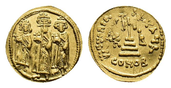 Heraclius with his sons Heraclius Constantinus and Heraclonas, 610-641. Solidus ...