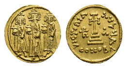 Heraclius with his sons Heraclius Constantinus and Heraclonas, 610-641. Solidus (Gold, 18.55 mm, 4.46 g). Constantinopolis, 637-638. Heraclius crowned...