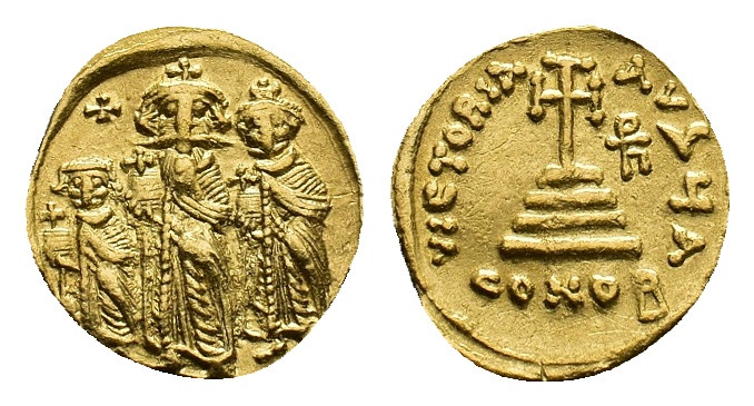 Heraclius with his sons Heraclius Constantinus and Heraclonas, 610-641. Solidus ...