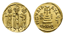 Heraclius with his sons Heraclius Constantinus and Heraclonas, 610-641. Solidus (Gold, 19.24 mm, 4.39 g). Constantinopolis, 641. Heraclius cross crown...