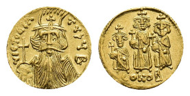 Constans II with Constantinus IV and Tiberius, 641-668. Solidus (Gold, 19.3 mm, 4.42 g). Constantinopolis, circa 663-668. VICTORIA AVζЧ B Bust of Cons...