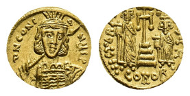 Constantinus IV Pogonatus with Heraclius and Tiberius, 668-685. Solidus (Gold, 18.91 mm, 4.47 g). Constantinopolis, circa 669-674. δN CONS ANЧ PP Cuir...