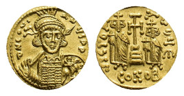 Constantinus IV Pogonatus with Heraclius and Tiberius, 668-685. Solidus (Gold, 19.5 mm, 4.35 g) Constantinopolis, circa 674-681. δN CONS ANЧS PP Cuira...