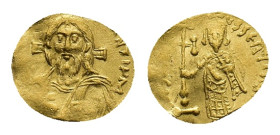 Justinian II, first Reign, 685-695. Tremissis (Gold, 15.47 mm, 1.39 g). Constantinopolis, circa 692-695. [IhS CRIStOS RЄX RЄζNA]NTIЧM Bust of Christ P...