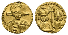 Justinian II, with Tiberius, second reign, 705-711. Tremissis (Gold, 15.00 mm, 1.37 g). Constantinople. d N IhS ChS R[ЄX RЄGNANTIЧM] Bust of Christ fa...