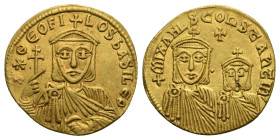 Theophilus, with Michael II and Constantine, 829-842. Solidus (Gold, 20.00 mm, 4.32 g). Constantinopolis, 830-840. *ΘЄOFILOS bASIL ЄΘ Crowned facing b...