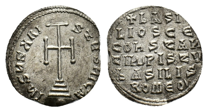 Basilius I the Macedonian with his son Constantinus, 867-886. Miliaresion (Silve...