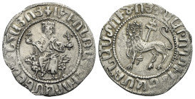 Cilician Armenia. Royal. Levon I, 1198-1219. Double Tram (Silver, 26.90 mm, 5.40 g). Levon seated facing on throne decorated with lions, holding globu...
